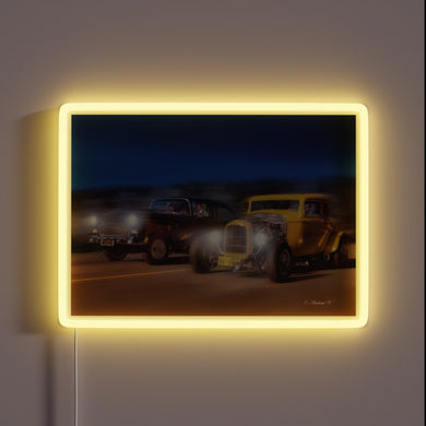 Retro-futuristic American Graffiti inspired RGB neon illuminated wall decoration.