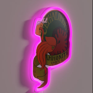 Glowing Neon Sign with Iridescent Ammonite Fossils in Amber Ale