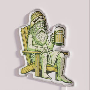 Vintage man relaxes in sauna with beer, modern RGB neon art