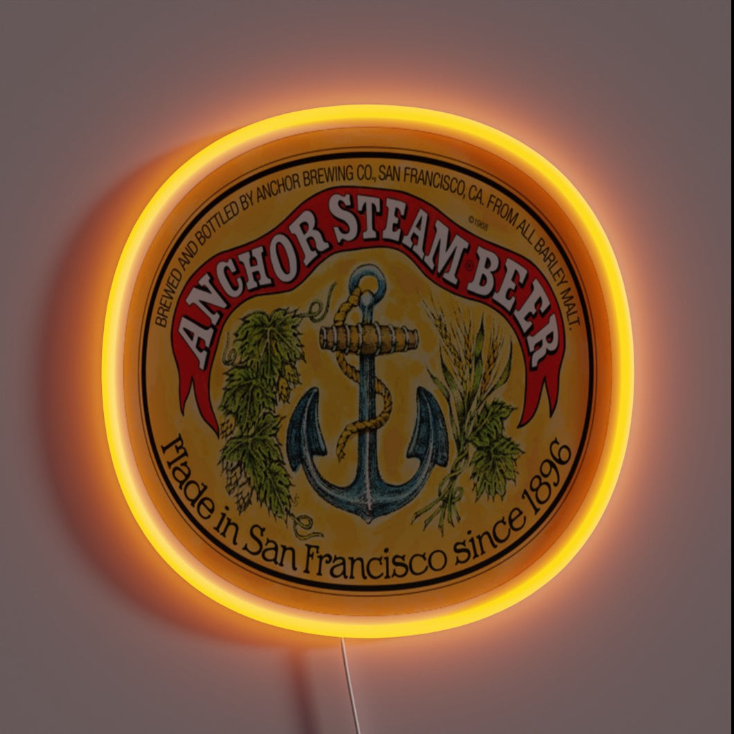 Neon RGB sign featuring vibrant Anchor Brewing logo design accents.