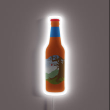 Charger l&#39;image dans la galerie, Illustrated neon sign of an amber bottle with a blue label and a tree with a red apple, glowing with a white outline.
