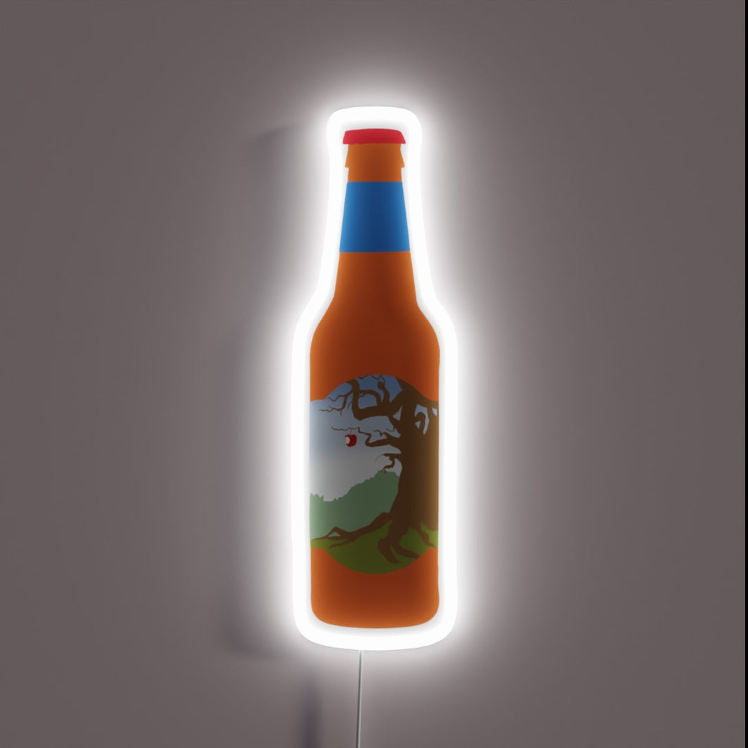 Illustrated neon sign of an amber bottle with a blue label and a tree with a red apple, glowing with a white outline.
