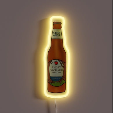 Neon sign of an Angry Orchard Hard Cider bottle labeled 