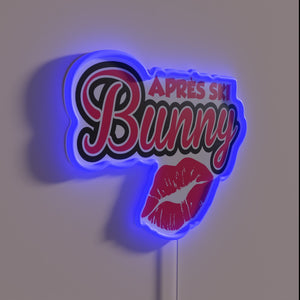 Vibrant after-ski party decor with glowing bunny silhouette lighting.