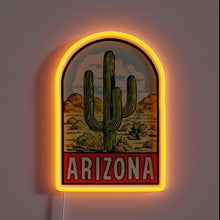 Charger l&#39;image dans la galerie, Alt text: &quot;Vintage-style neon sign with a cactus illustration and the word &#39;ARIZONA&#39; in bold red letters, surrounded by a glowing orange arch.&quot;
