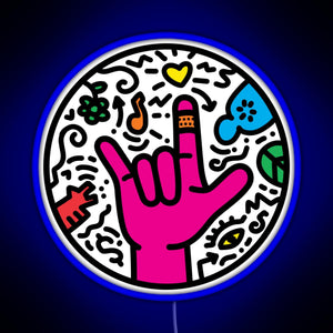 ASL sign for I love you Pop Art Style White RGB neon sign blue