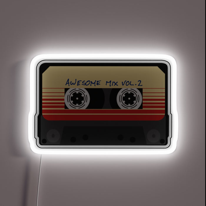 Awesome Mix Vol. 2 cassette neon sign with white LED border