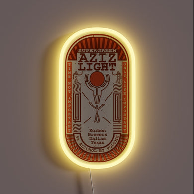 Electric glow of Aziz's The Divine Brew logo neon sign.