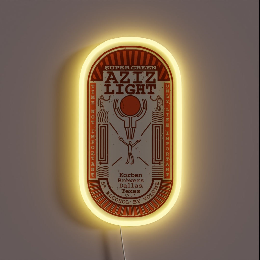 Electric glow of Aziz's The Divine Brew logo neon sign.