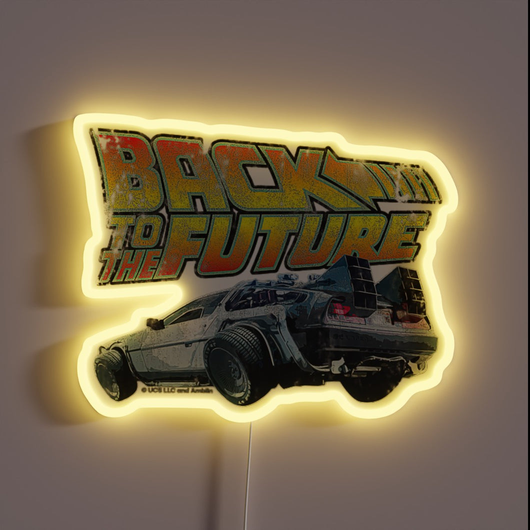 Back to the Future neon sign – retro sci-fi glow with iconic DeLorean style.