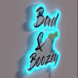 Bad and Boozey neon sign in vibrant RGB colors