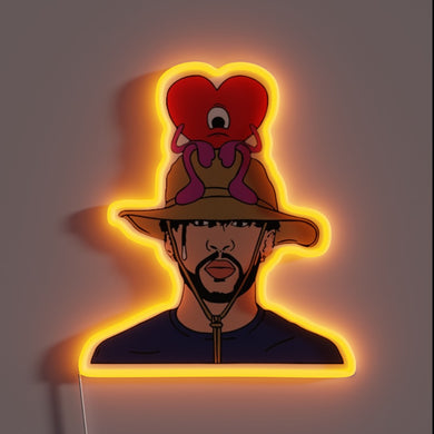 Bad Bunny neon sign – iconic cartoon-style with heart character on safari hat, glowing in warm orange.