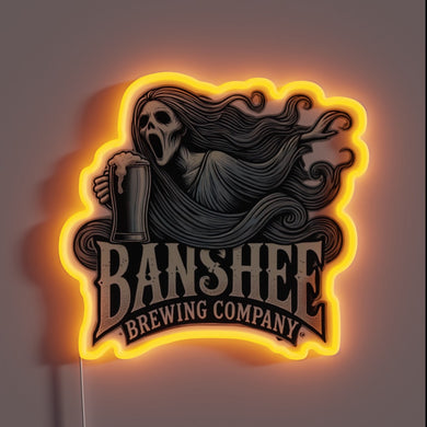 Vibrant neon sign featuring Banshee Brewing's spooky brewery logo design.