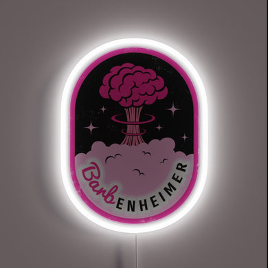 Barbenheimer neon sign – a playful mashup tribute to *Barbie* and *Oppenheimer*, featuring a pink mushroom cloud and retro sci-fi sparkles. A bold pop culture piece for movie lovers and collectors.