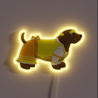 Bavarian-inspired little girl with dog in vibrant neon colors