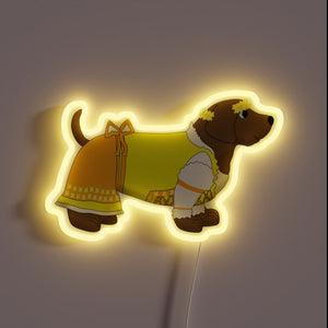 Bavarian-inspired little girl with dog in vibrant neon colors
