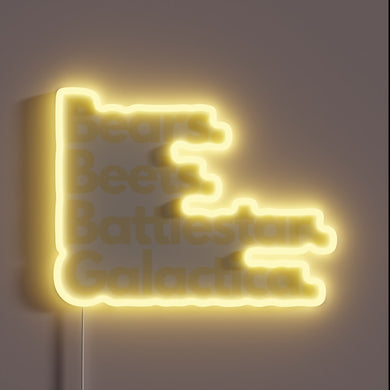 Galactic-themed neon sign featuring Battlestar's iconic beeps and bear graphics