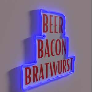 Vibrant RGB neon sign featuring beer bacon bratwurst iconic trio.