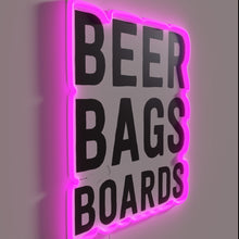 Charger l&#39;image dans la galerie, Neon illuminated beer signs for backyard cornhole tournament players&quot;.