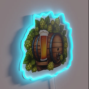 Vibrant LED beer barrel with colorful hop accents lit up.