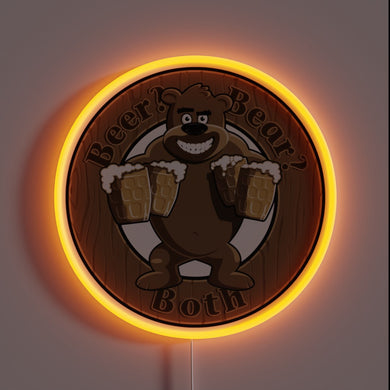 Retro-style illuminated sign featuring a bear and beer logo.