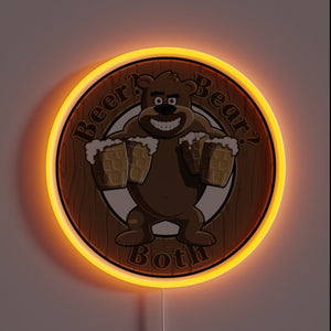 Retro-style illuminated sign featuring a bear and beer logo.