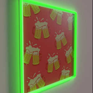 Neon bar decor featuring colorful 'BEER' letters in RGB lights.
