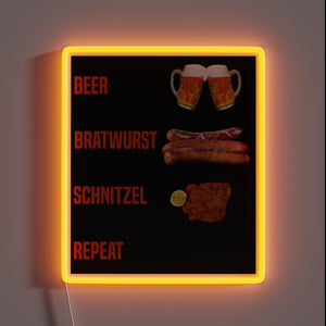 Vibrant Neon Sign Reads 'Beer Bratwurst Schnitzel Repeat' in Bold Letters