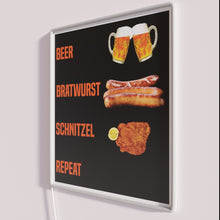 Charger l&#39;image dans la galerie, Vibrant Beer Bratwurst Schnitzel Quote with Funny Repeated Motif Sign