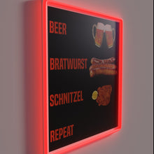 Charger l&#39;image dans la galerie, Neon bar sign featuring playful beer-themed bratwurst and schnitzel design