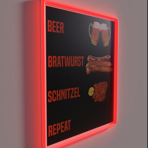 Neon bar sign featuring playful beer-themed bratwurst and schnitzel design
