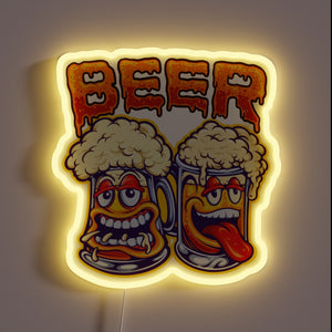 Vibrant Neon Sign featuring Comical Drunken Friends Enjoying Cold Beers