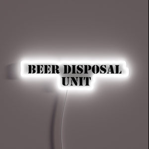 Vibrant RGB neon sign illuminates beer disposal unit's functionality.