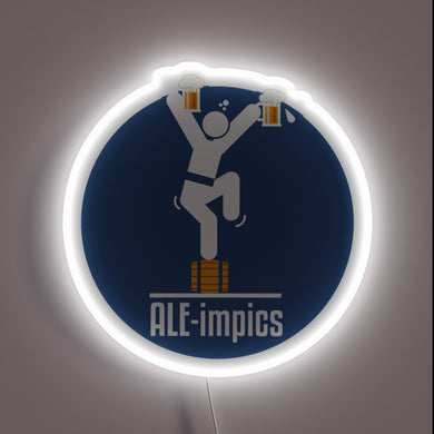 Neon illuminated beer festival and Olympic Games celebration signage decoration.