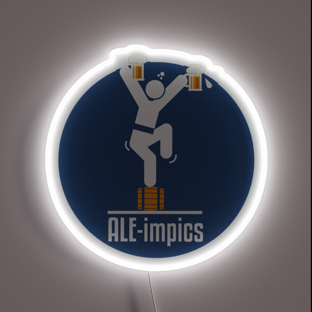 Neon illuminated beer festival and Olympic Games celebration signage decoration.