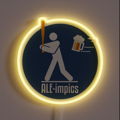 Neon lights shine bright on colorful Beer Festival Aleimpics sign