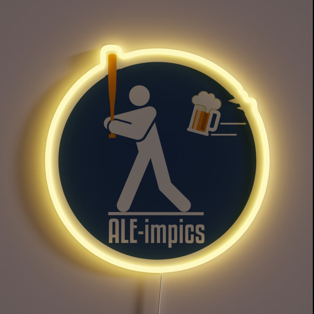 Neon lights shine bright on colorful Beer Festival Aleimpics sign