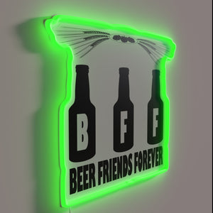 Brightly lit neon bar sign celebrating friendship over beer together