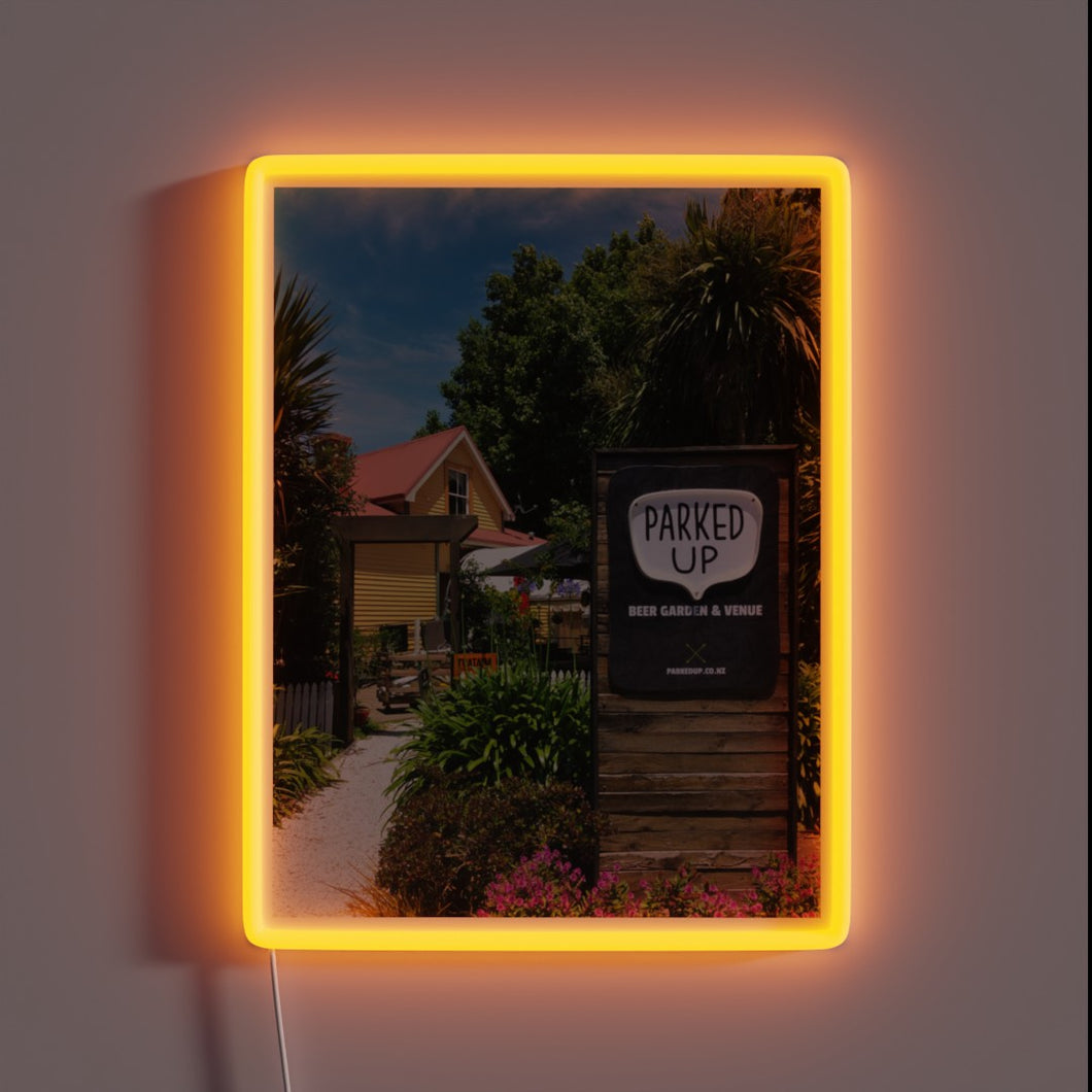 Vibrant RGB neon beer garden and event venue signage.