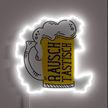 Charger l&#39;image dans la galerie, Neon-lit beer garden essentials with colorful mug and wooden barrel.