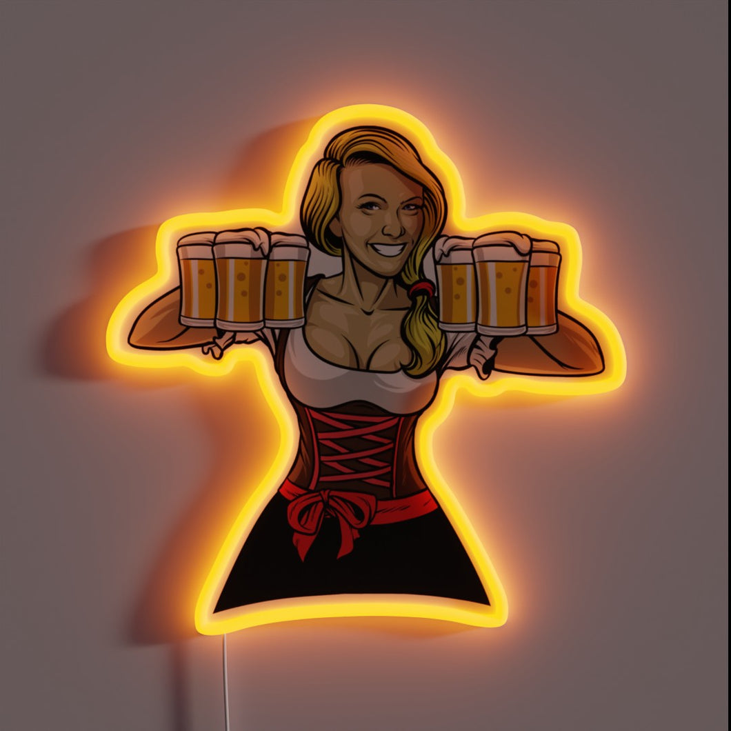 Oktoberfest beer girl neon sign with orange LED glow