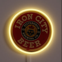 Charger l&#39;image dans la galerie, Iron City Beer neon sign – vintage round design featuring Pittsburgh Brewing Co. logo, ideal for bars, man caves, or collectors of classic American brews.