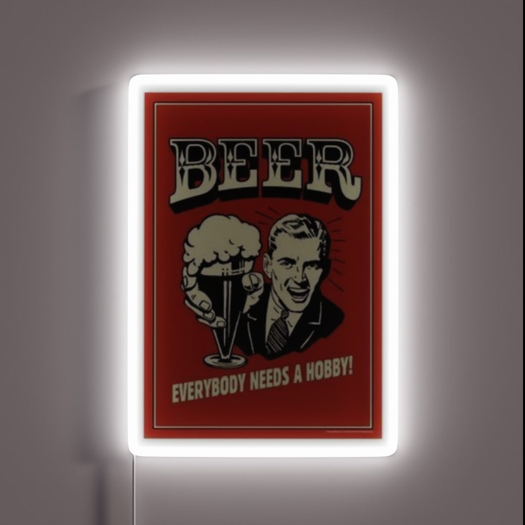 Vibrant neon sign illuminates home bar for craft beer enthusiasts