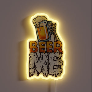 A skeleton's beer-loving hand holds up a glowing beer mug.