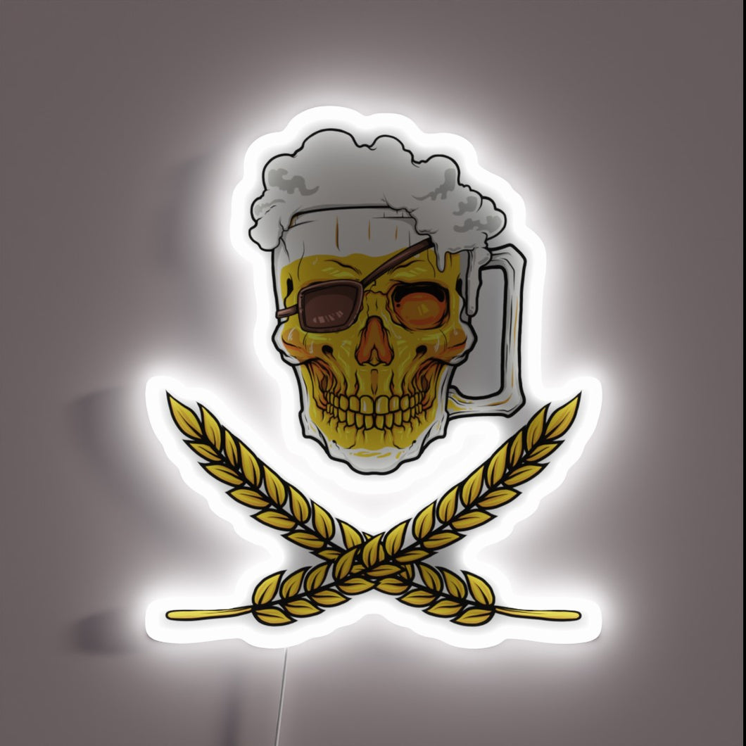 Vibrant RGB Neon Sign with Pirate Skull and Beer Logo