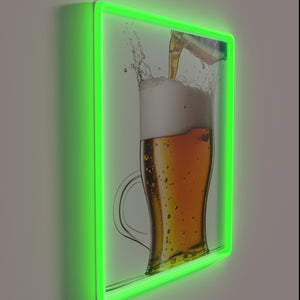 Vibrant neon sign celebrating beer as divine elixir indoors out.