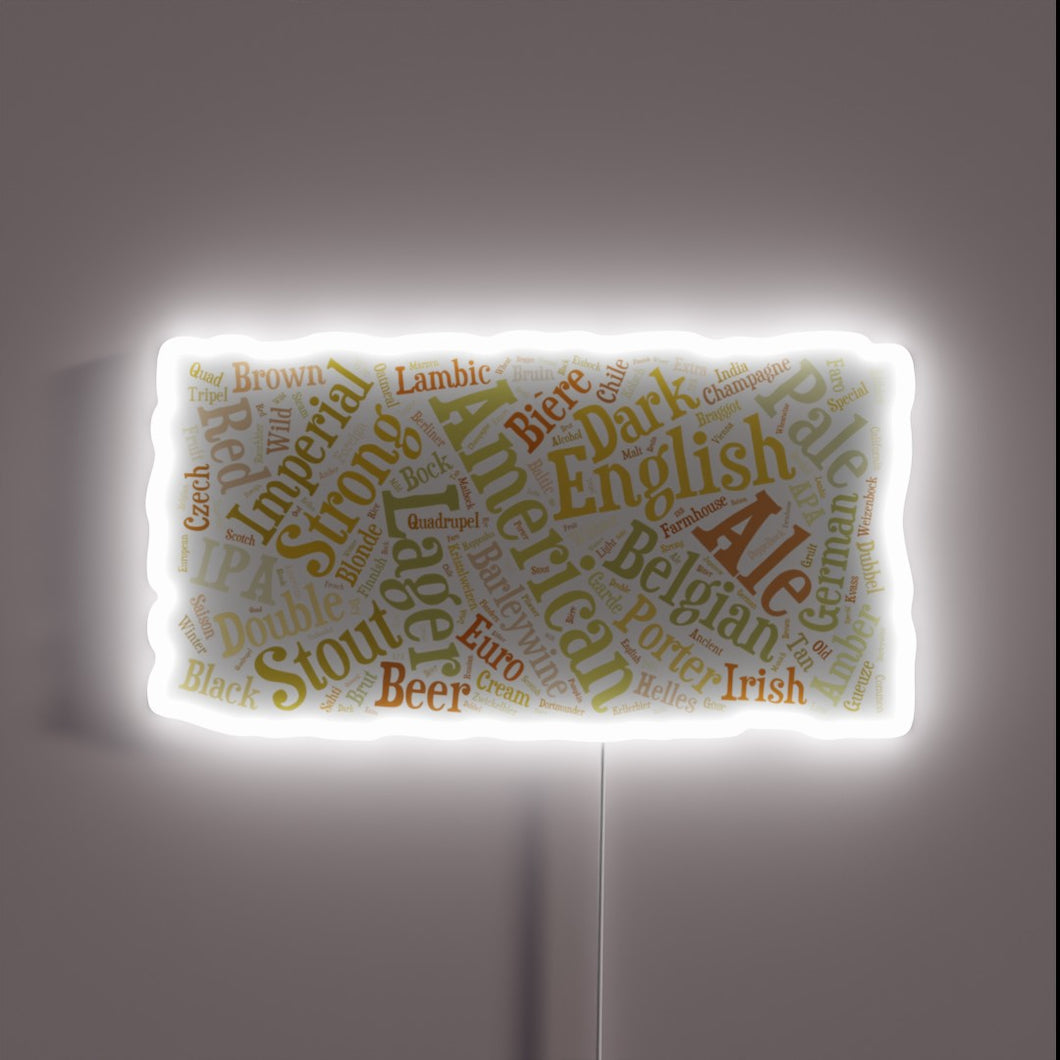 Eye-catching LED neon sign displaying vibrant beer word cloud design.