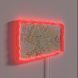 Eye-catching RGB Neon Sign with Beer-Themed Word Cloud Design Rectangle Shape.