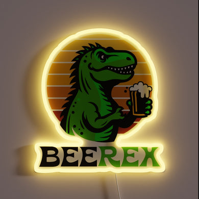 Retro-style neon sign featuring T Rex enjoying a cold beer.