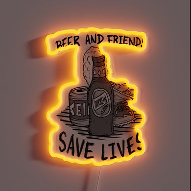 Neon Sign: Friends, Beer, and Fries Come Together in Joyful Harmony